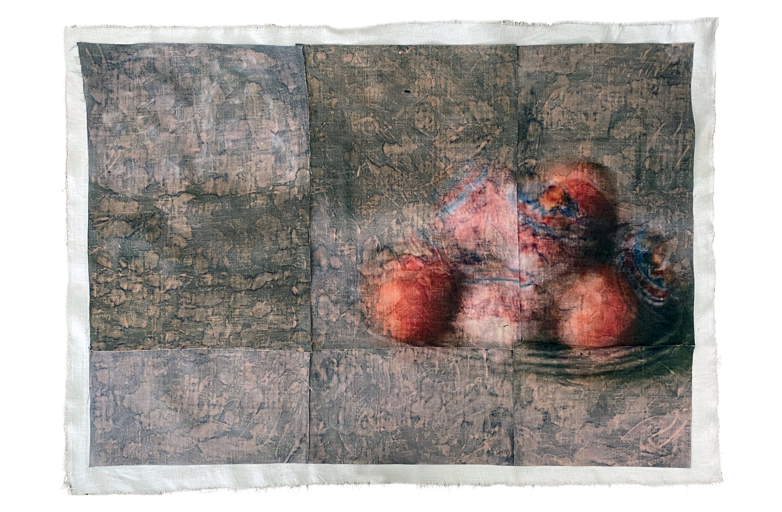 A Bowl of Oranges (63 x 94 cm) Varnished and embroidered photograph on antique bedsheets 