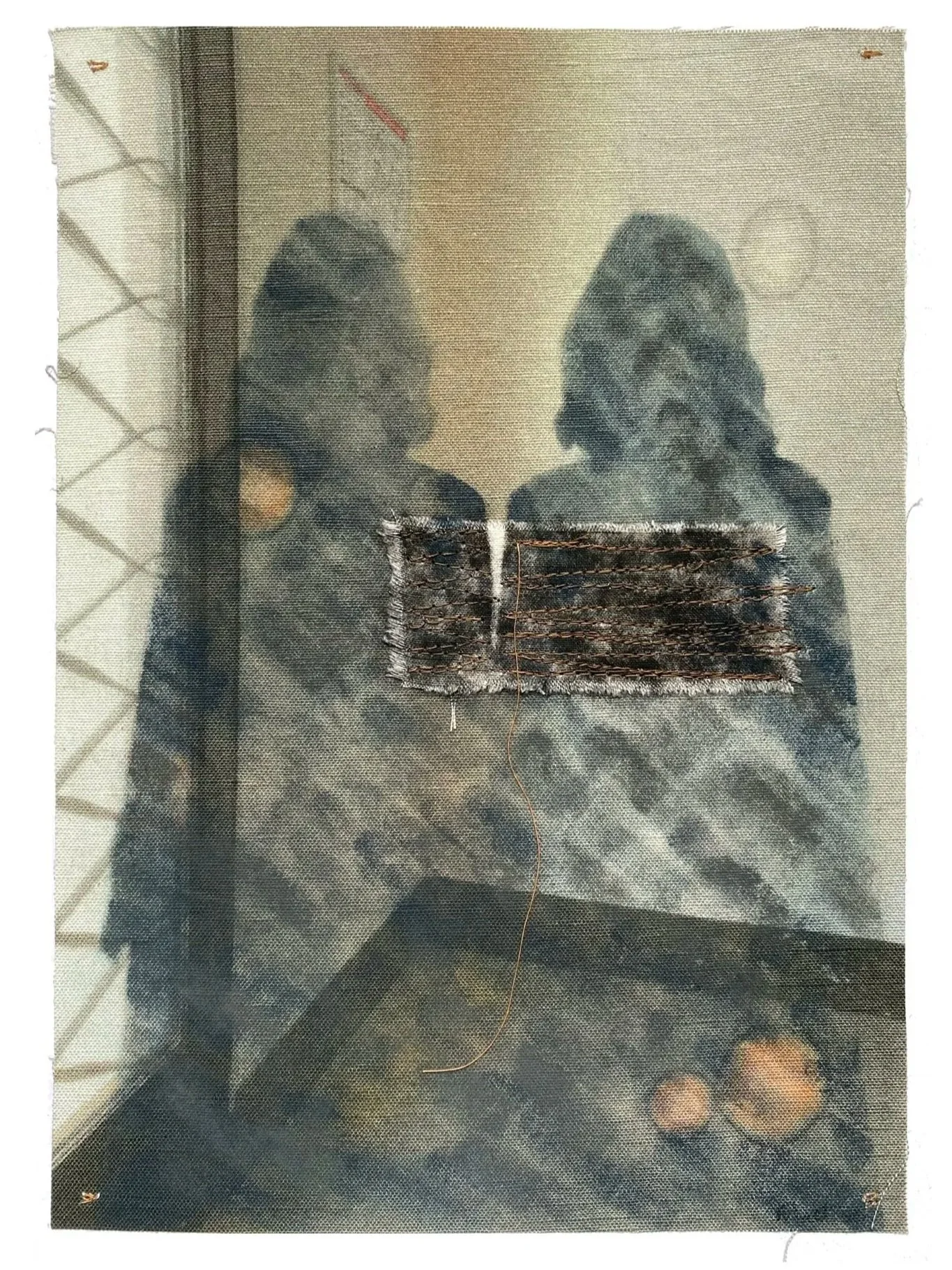 Twin, photograph, fabric, thread and pastels, 44h x 32w cm