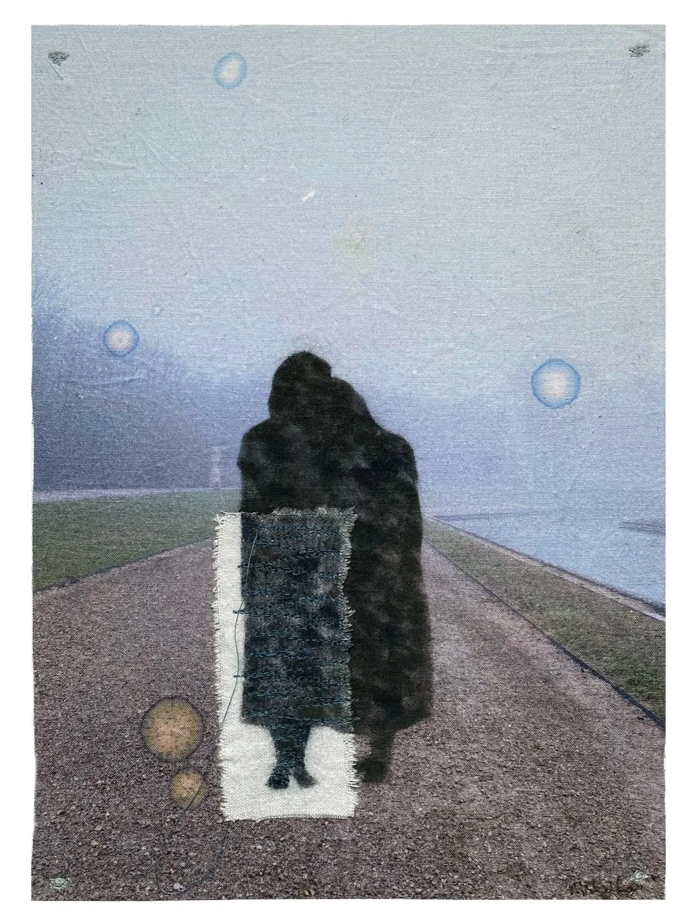 Friend, photograph, fabric, thread and pastels, 44h x 32w cm