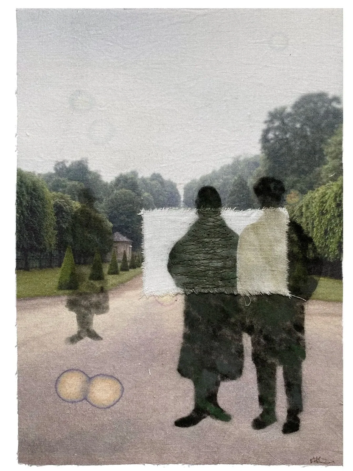 Spouse, photograph, fabric, thread and pastels, 44h x 32w cm