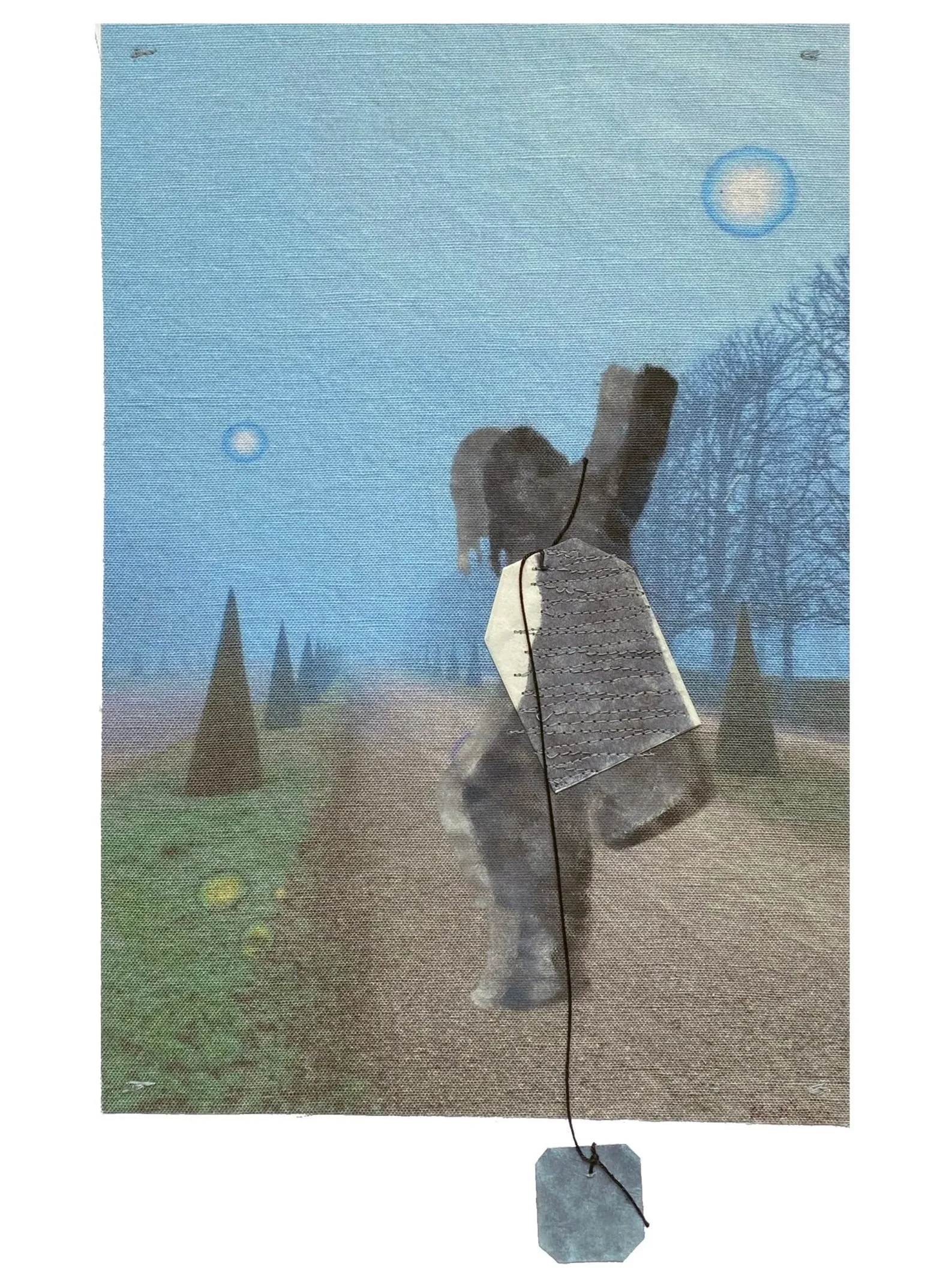 Single, photograph, fabric, thread and pastels, 44h x 32w cm