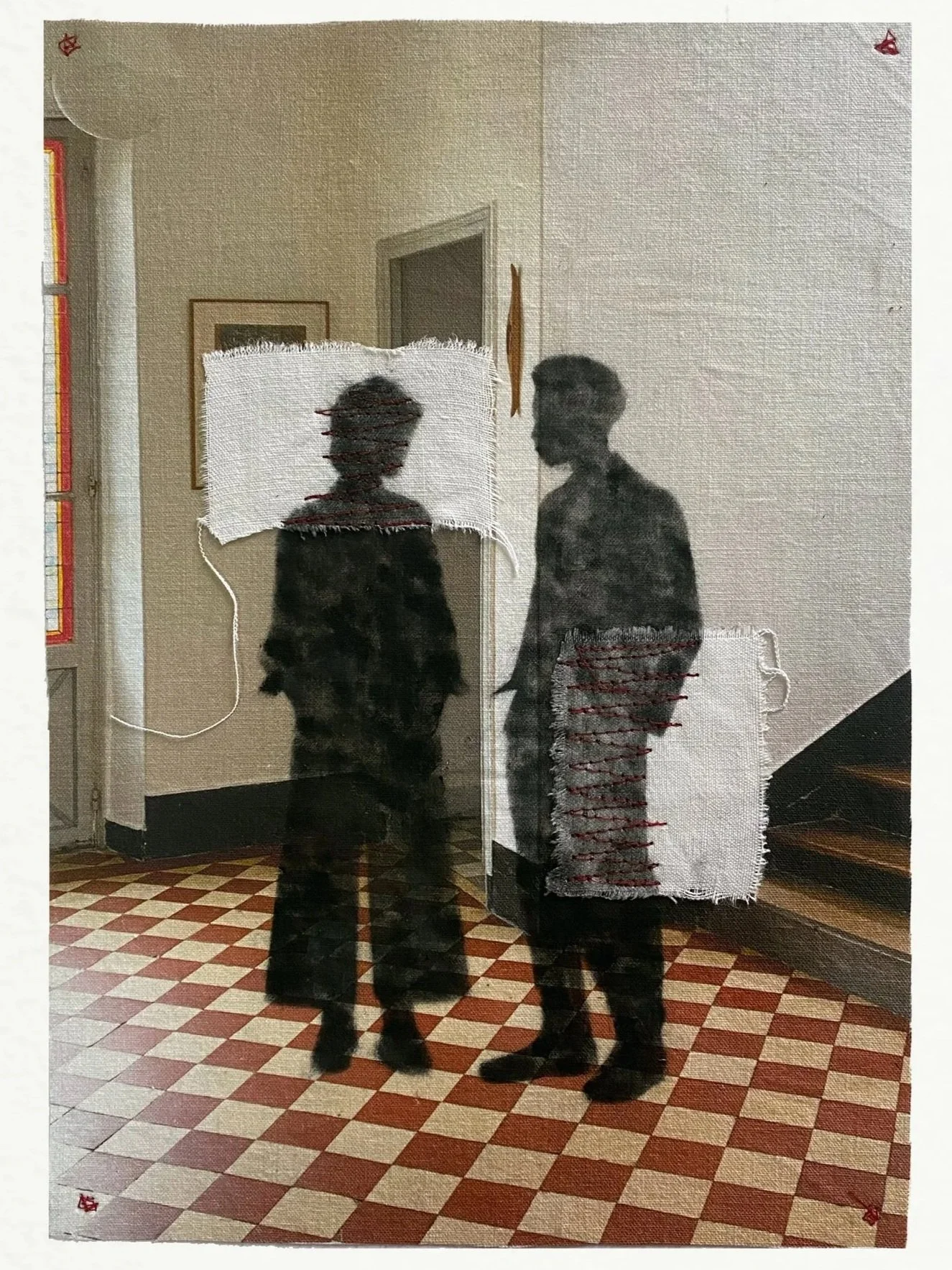 Relationship I, photograph, fabric, thread and pastels, 44h x 32w cm