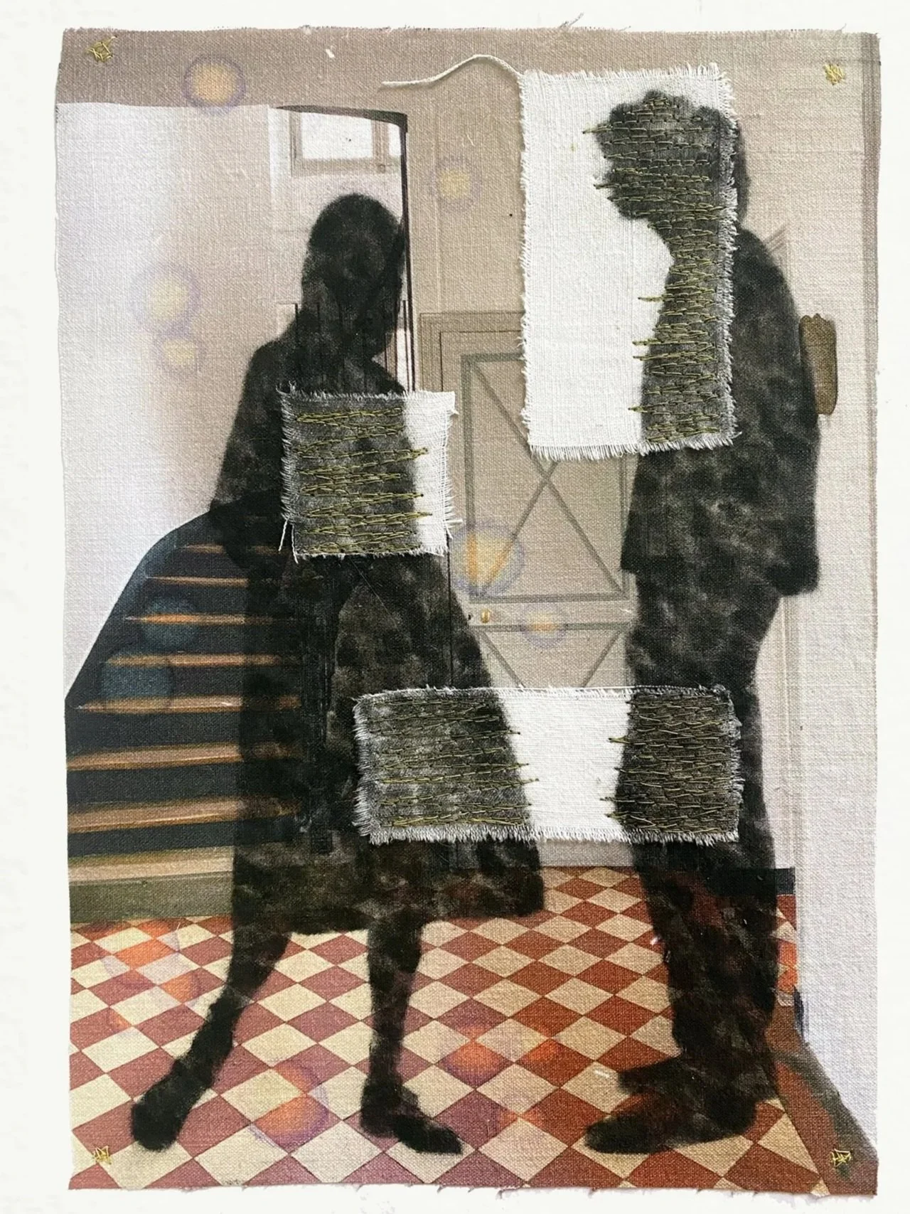 Relationship III, photograph, fabric, thread and pastels, 44h x 32w cm