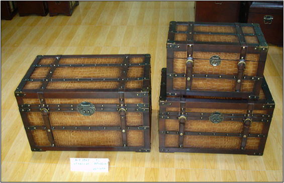 Decorative Trunks - Set 3; Antique "look" Trunks - Golden Croc-Embossed Large: 18" x 20" x 30.5", Medium: 14.5" x 16" x 26", Small: 11" x 12" x 21"