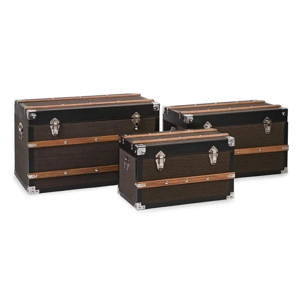 Trunks - Set of 3; Dimensions: (12-14.25-16.5"h x 11-13.5-16"w x 19.75-23.75-27.5") Materials: 50% MDF, 30% Linen, 10% Pine Wood, 5% Iron, 5% PU No assembly required