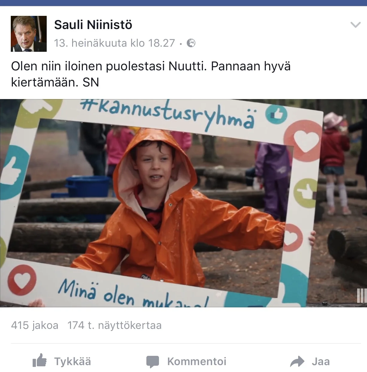 Presidentti Niinistö jakoi Pienestä kiinni ry:n tekemän vaikuttamisvideon.