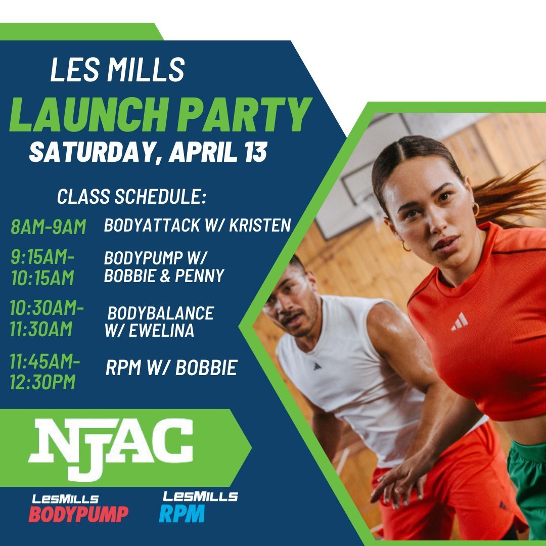 Save the Date: NJAC will be hosting a Group Exercise Launch Party Saturday, April 13. Join us for a morning full of your favorite group exercise classes, exhilarating exercises and lots of fun!