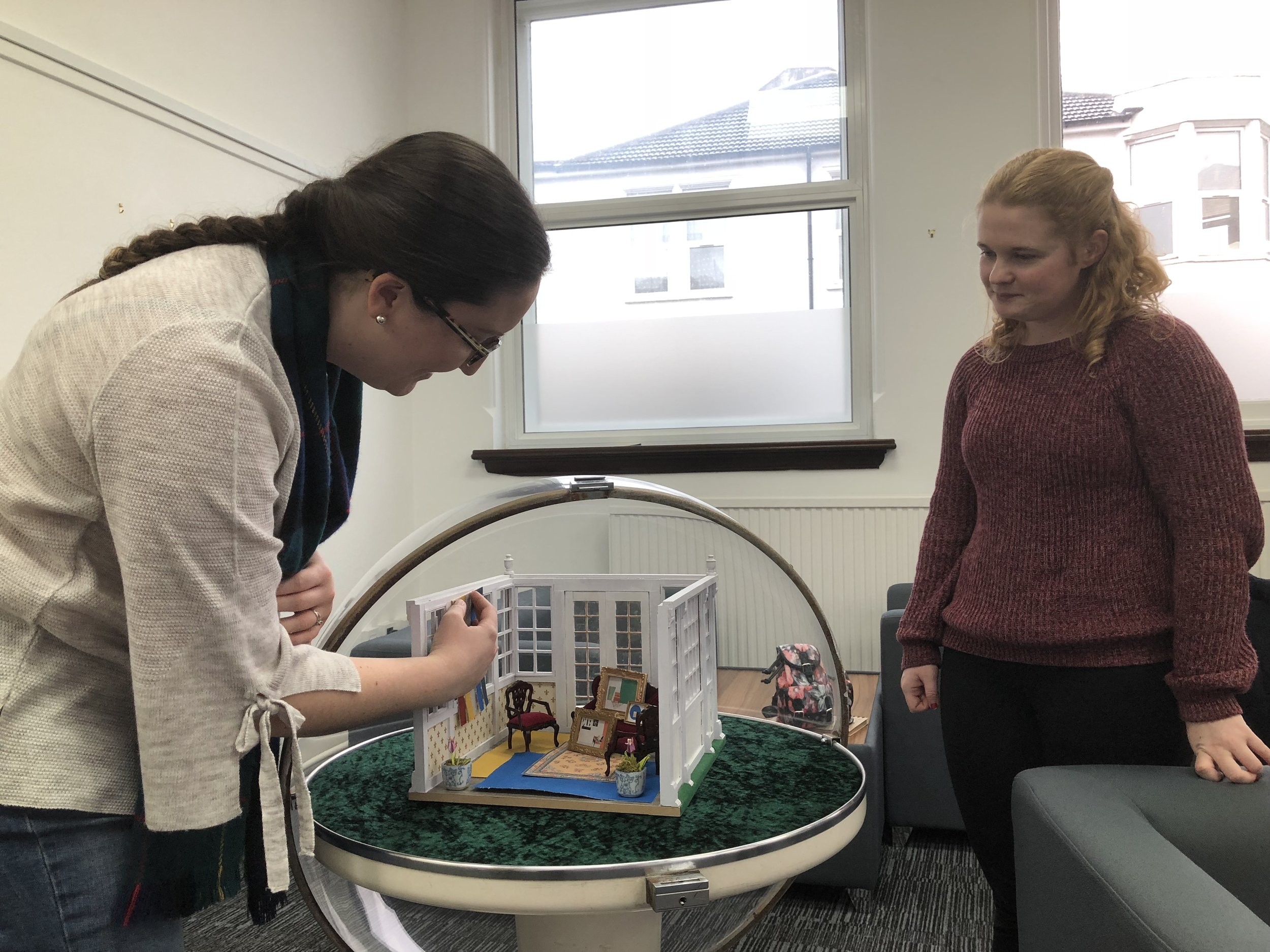  TOMA artists  Grace Price  &amp;  Kristina Bragg  installing work for their their show ‘Interior Illusion’ at Paul Robinson solicitors, 2018. 