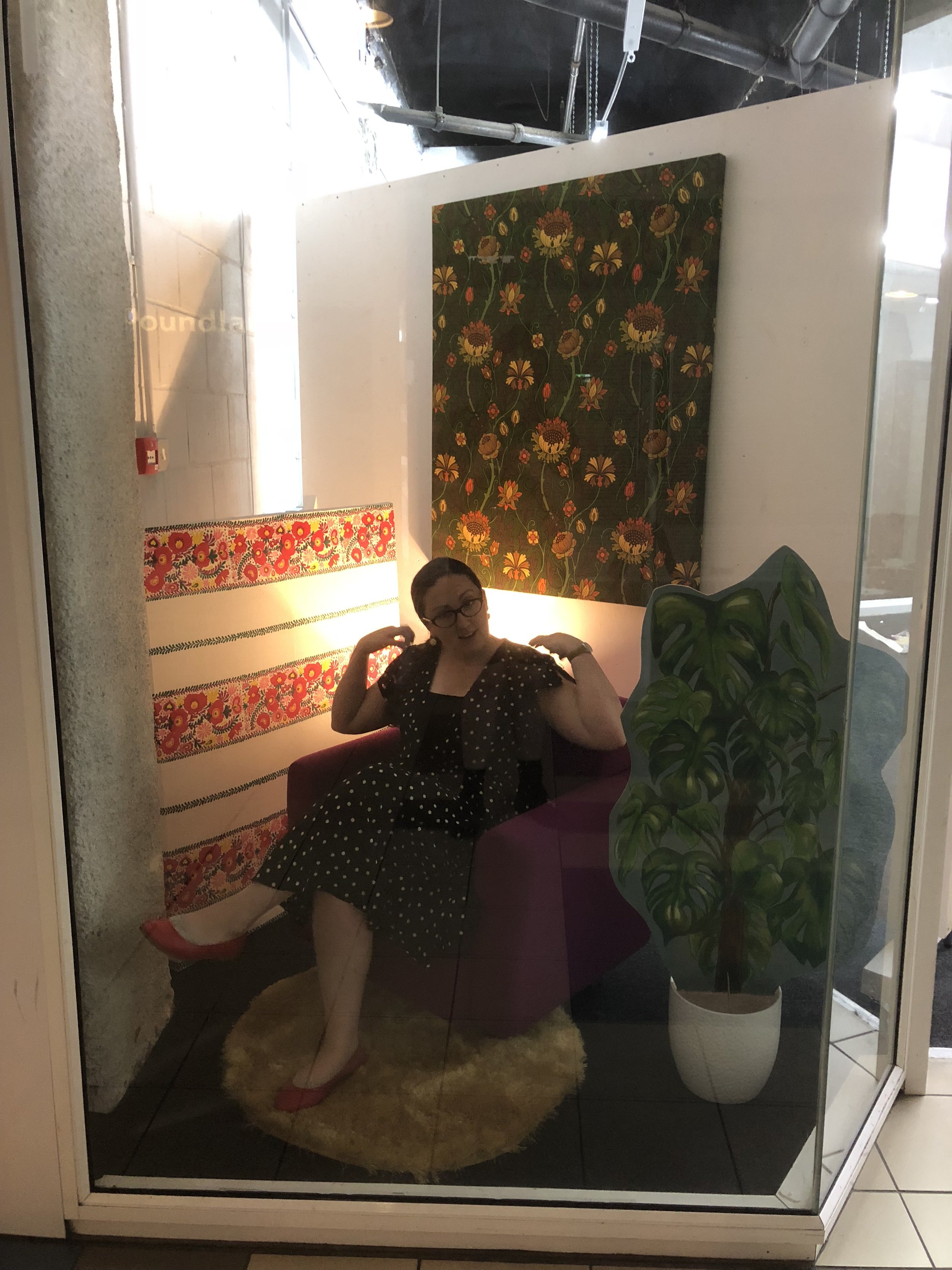  TOMA artist  Grace Price  sitting in her window installation ~ part of a series of week-long shows in the   TOMA Project Space   window,  2018. 