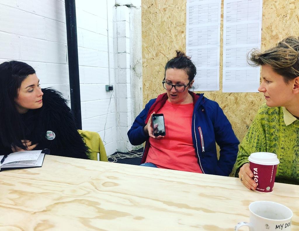  Artist Laure Prouvost visiting  TOMA  cohort in 2018 and participating in a group crit. 