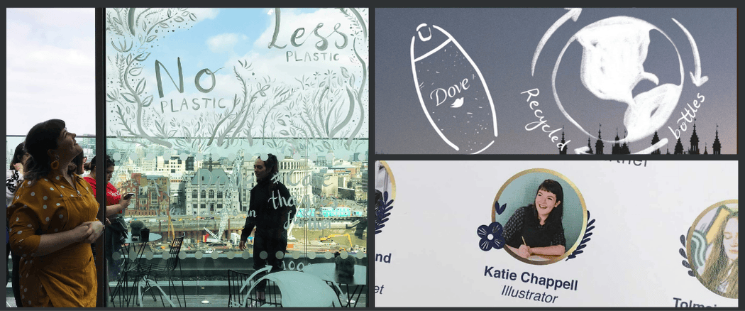 event illustrator window muralist Katie Chappell paints 'no plastic, less plastic' for Dove UK.