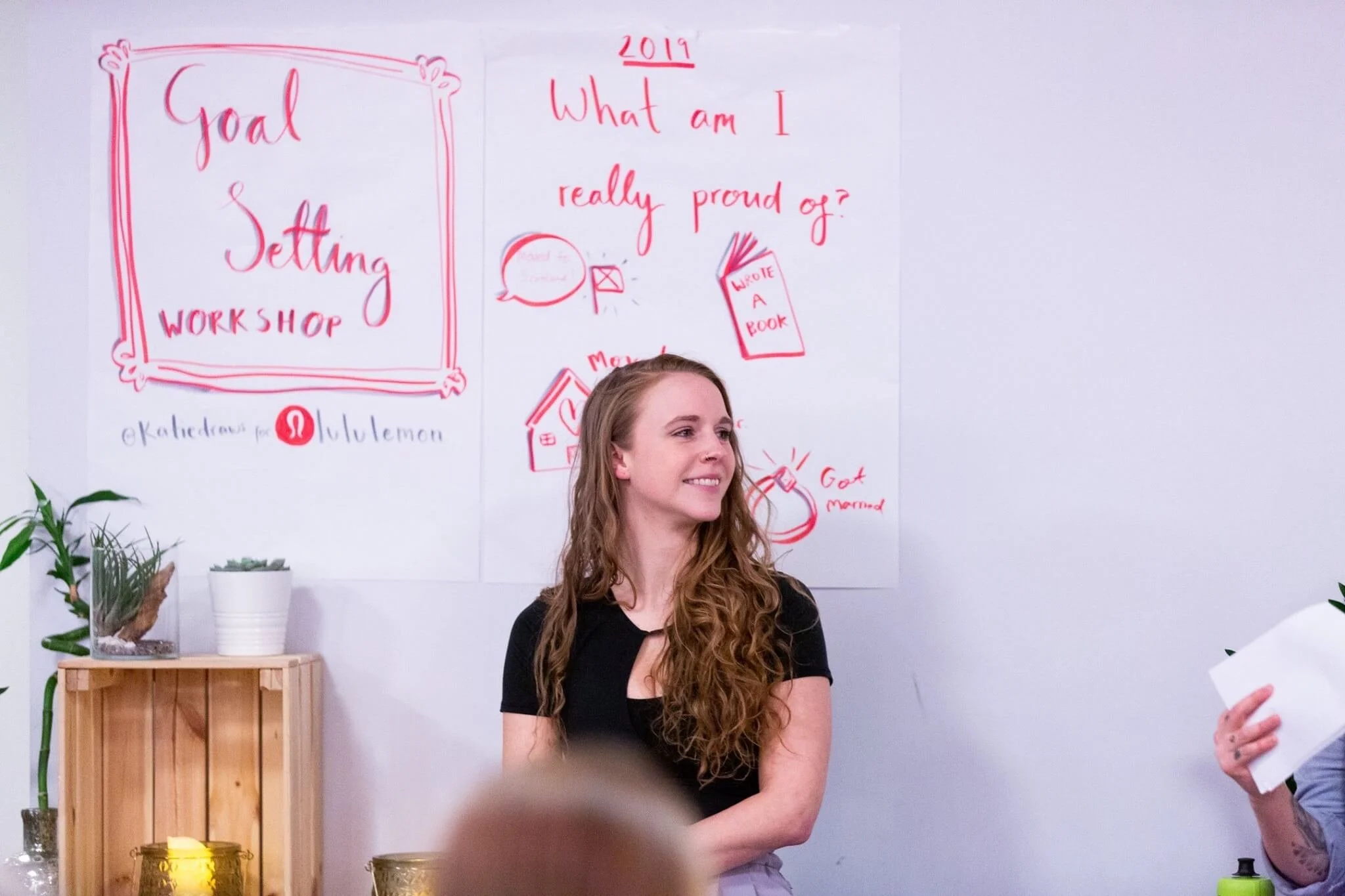 Live scribing in progress at a Lululemon goal setting workshop in Edinburgh, with hand-drawn illustrations visible on paper capturing attendee reflections, by Illustrated Live