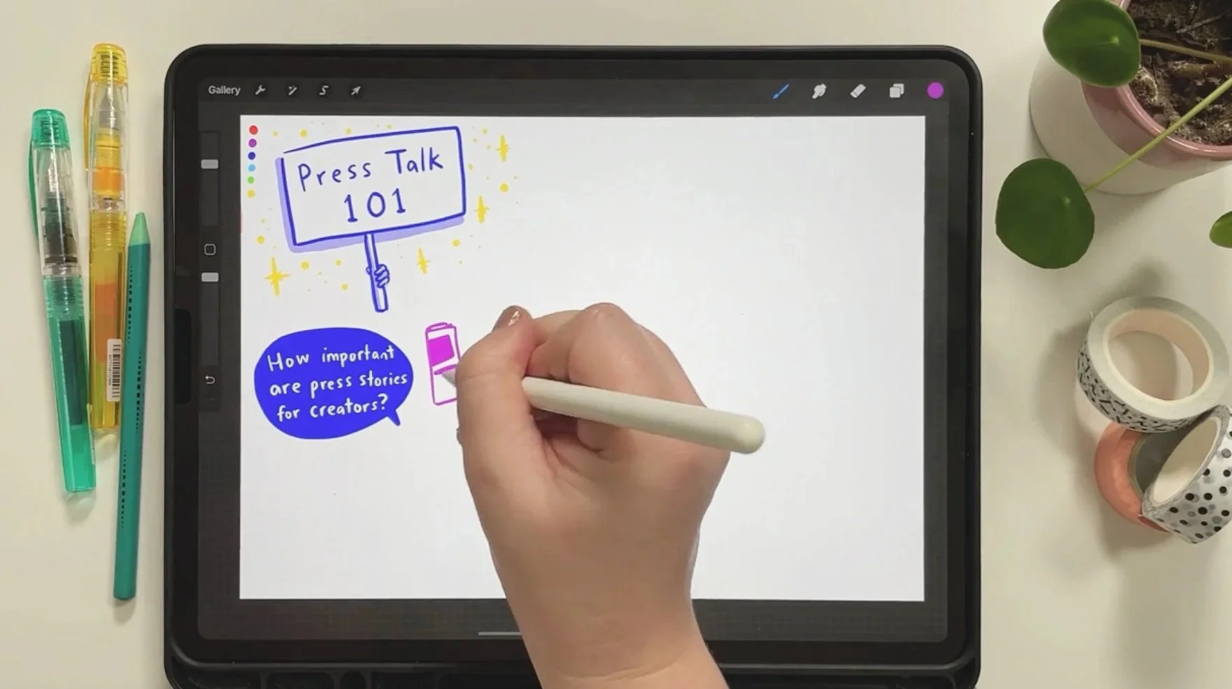 A hand does live scribing on a tablet, writing “Press Talk 101” and “How important are press stories for creators?” with a stylus.