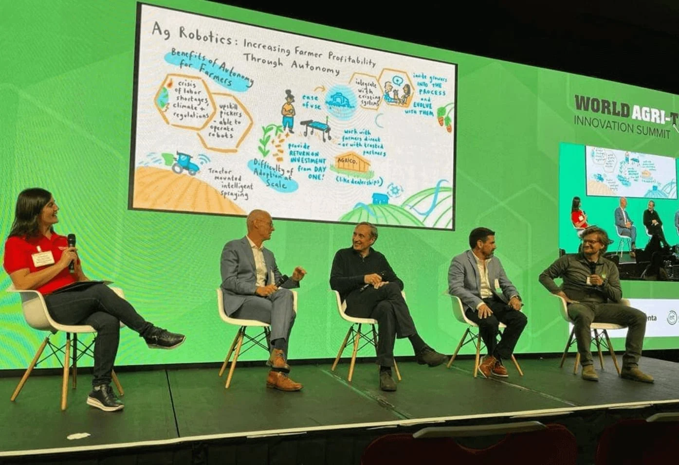 A panel discussion with live illustration being projected onto a large screen behind the keynote speakers. Live illustrations show a tractor and 'benefits of autonomy for farmers' at this agricultural conference we attended remotely.