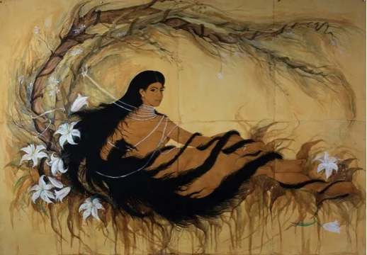 Hiba Schahbaz Self Portrait as Grand Odalisque (After Ingres) , 2015 Tea, watercolor and ink on Indian paper 83 x 60 inches Courtesy of the artist