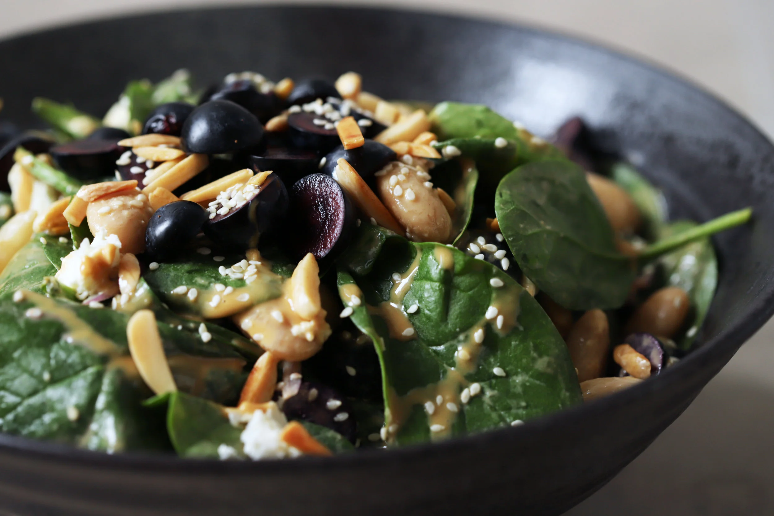 aberdeen grape salad with spinach and sweet tahini — Cardamom and Tea