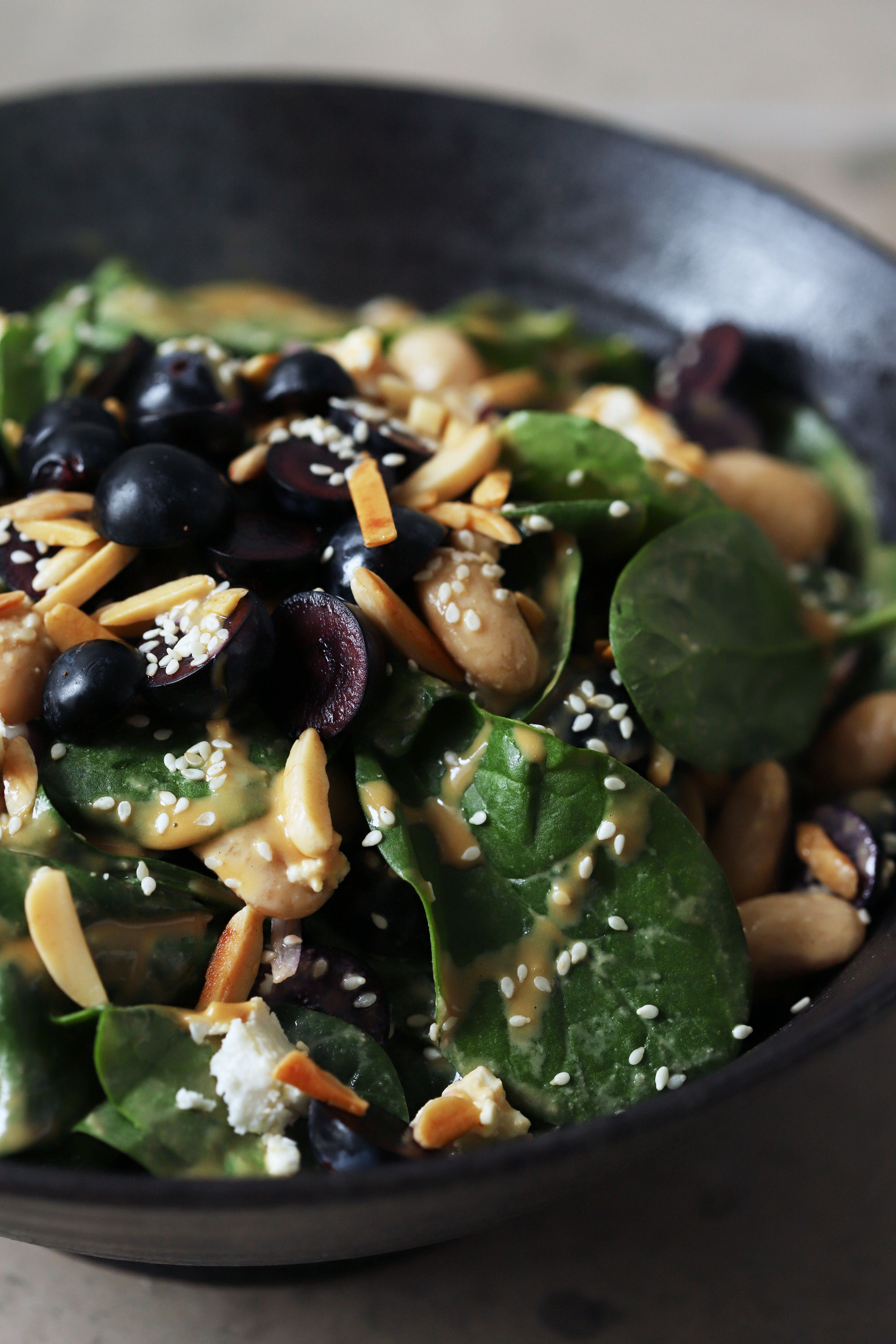 aberdeen grape salad with spinach and sweet tahini — Cardamom and Tea