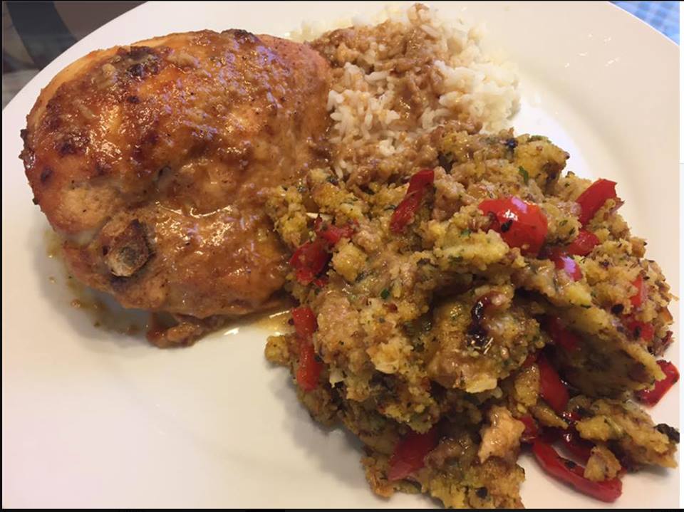 Baked Chicken with Spicy Smothered Rice and Cornbread Stuffing, Jay Isch