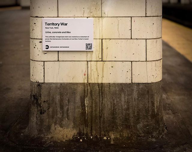 Title: Territory War, Chambers St (J,Z)

This politically-charged pee stain was created as a statement of power that demarcates the borders of one New Yorker&rsquo;s transit territory.
.
&ldquo;MTA is not just old. It&rsquo;s the history of New York.