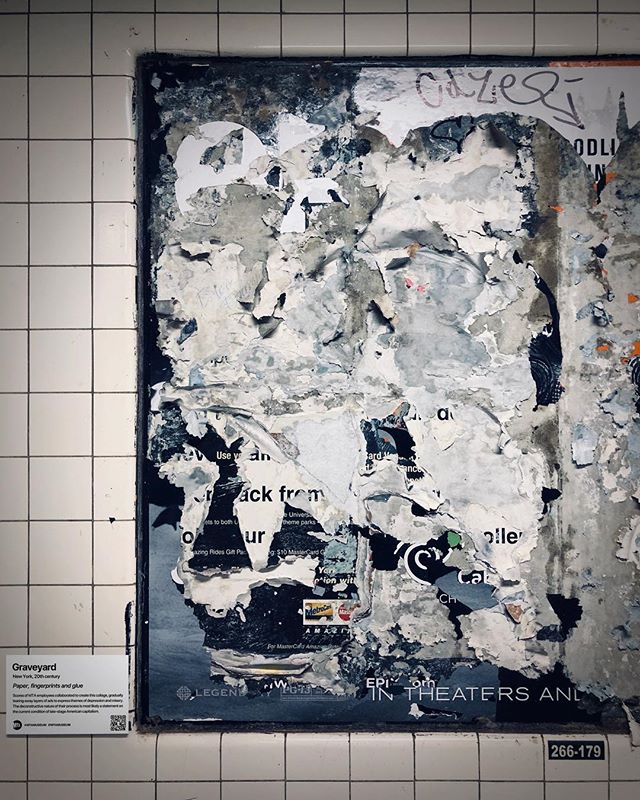 Title: Graveyard, New York

Scores of MTA employees collaborated to create this collage, gradually tearing away layers of ads to express themes of depression and misery. The 
deconstructive nature of their process is most likely a statement on the cu