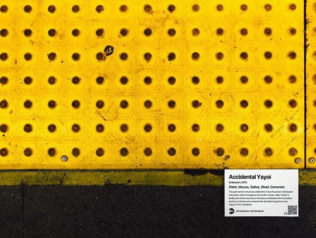 Title: Accidental Yayoi, NYC
This permanent structure celebrates Yayoi Kusama&rsquo;s obsession with polka-dots throughout her prolific career. New Yorker&rsquo;s bodily secretions layered on the piece embodies the frustration and fury of those who 