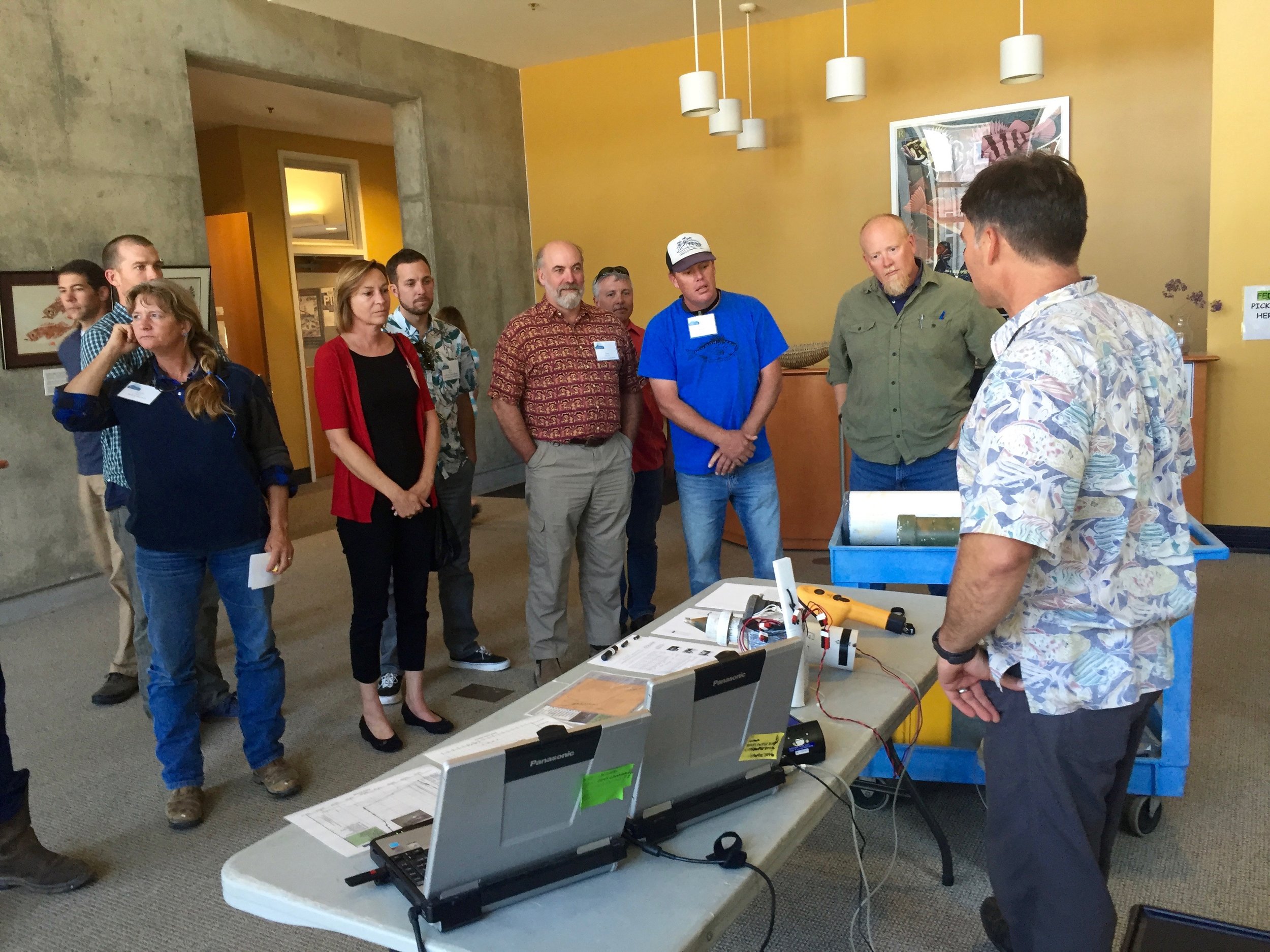 Fishermen and other participants learn about the electronic tagging program at the Southwest Fisheries Science Center in Santa Cruz, MREP 2016.