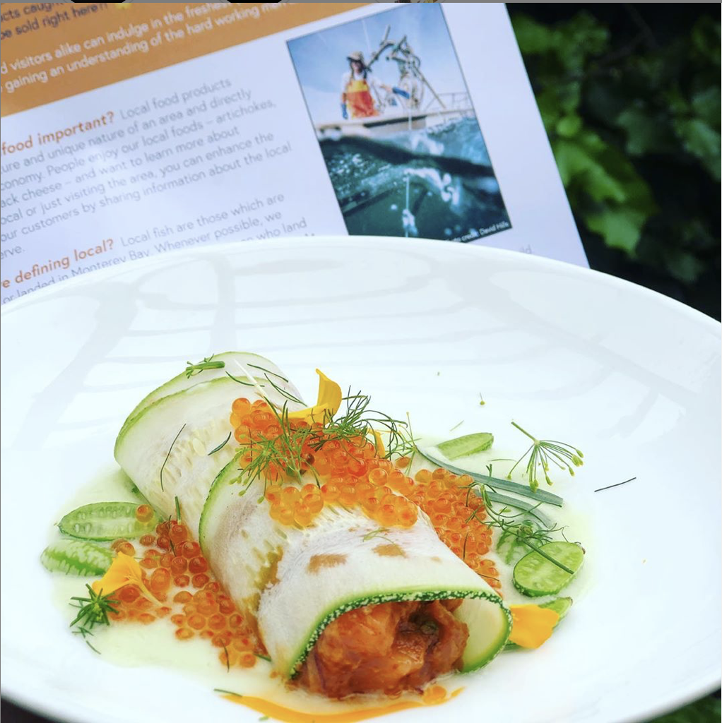 Wild caught, local King salmon involtini served with HOMEgrown summer squash, sour mexican gherkins, and smoked trout roe. Chris Seeno (F/V - Sculpin; Moss Landing). Created by Chef Brad Briske of HOME, Get Hooked partner.