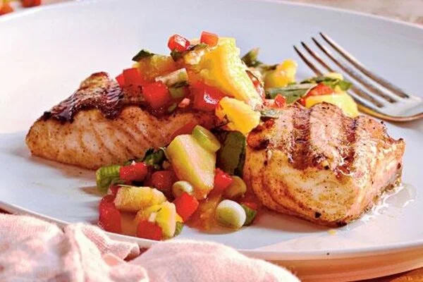 Grilled Lingcod or Halibut with Peach Salsa