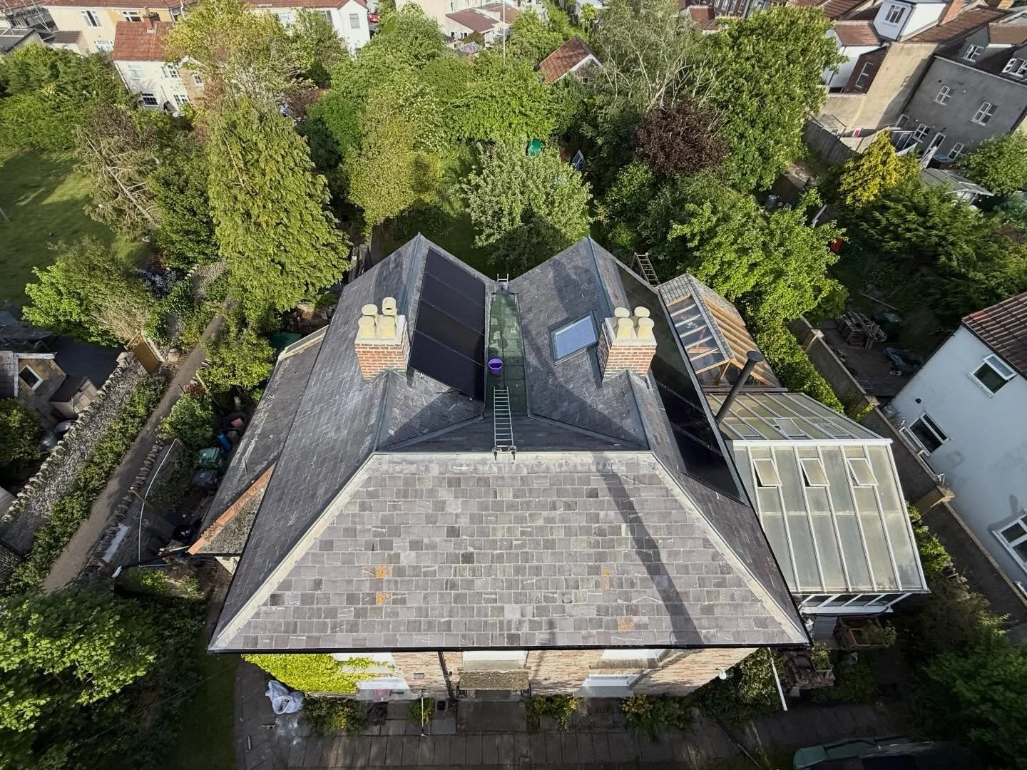 Took the cherry picker up to get a view of one of our recent re-roofing projects in Fishponds, Bristol.

The team carried out structural timber repairs, new timber fascia and soffits, an overhaul of the chimneys, slating, leadwork and installed 10 so