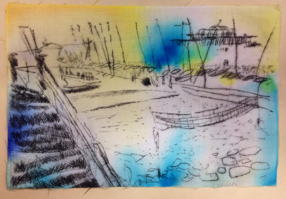 At the Pier - Drypoint etching with watercolour wash on linen