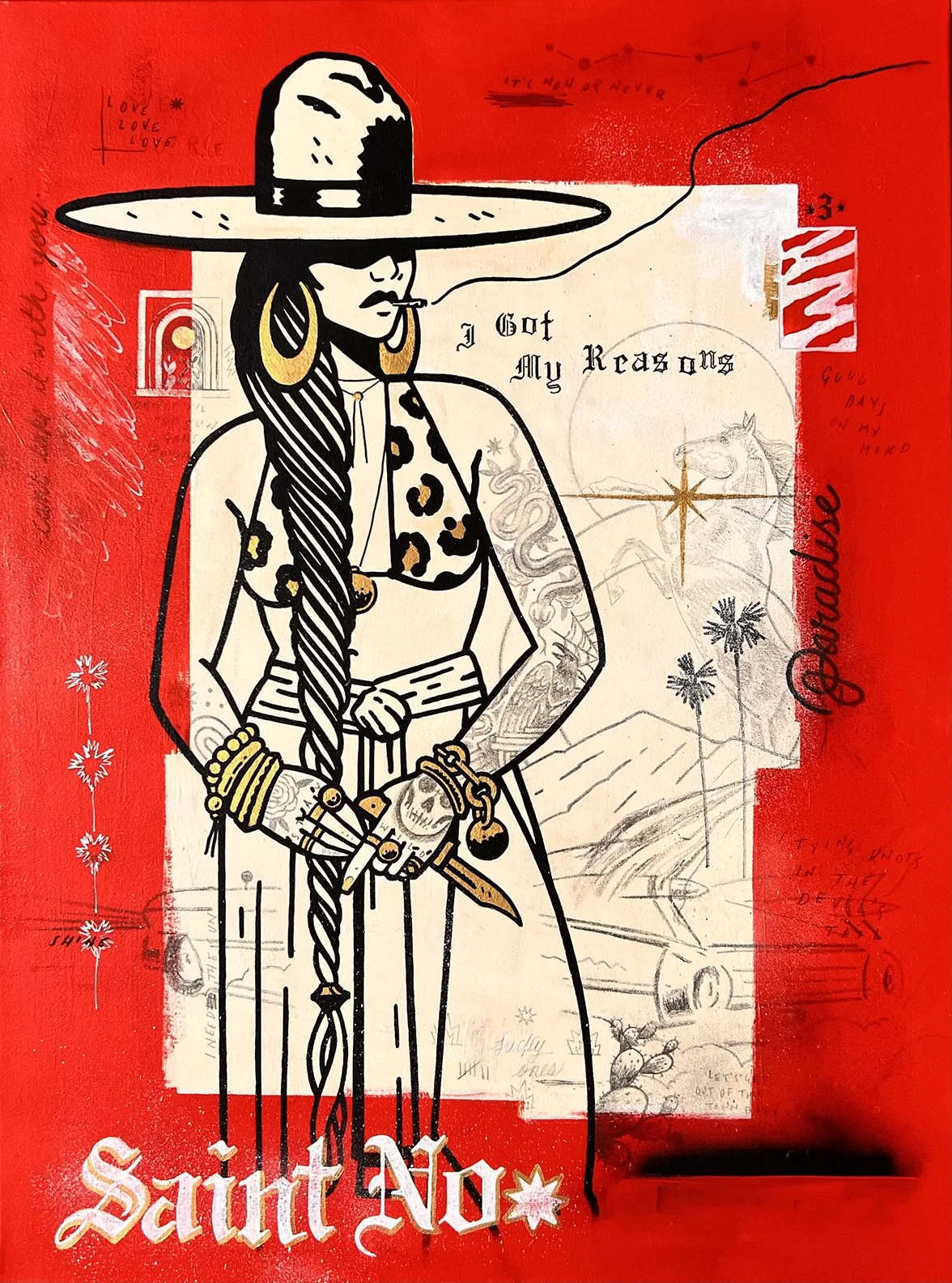 " I Got My Reason" 30x40” acrylic, gesso, marker, pencil, spray paint, and enamel on canvas $6,000 (unframed)