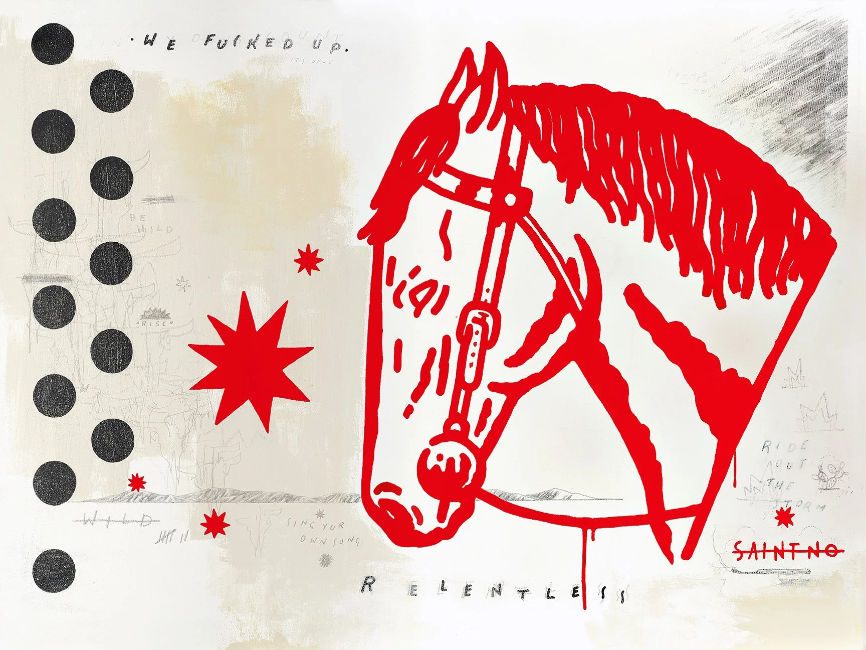 OUT HERE WE IS STONED IMMACULATE - 30x40” Acrylic, pencil, gesso, marker, and enamel on canvas $6000 (unframed)