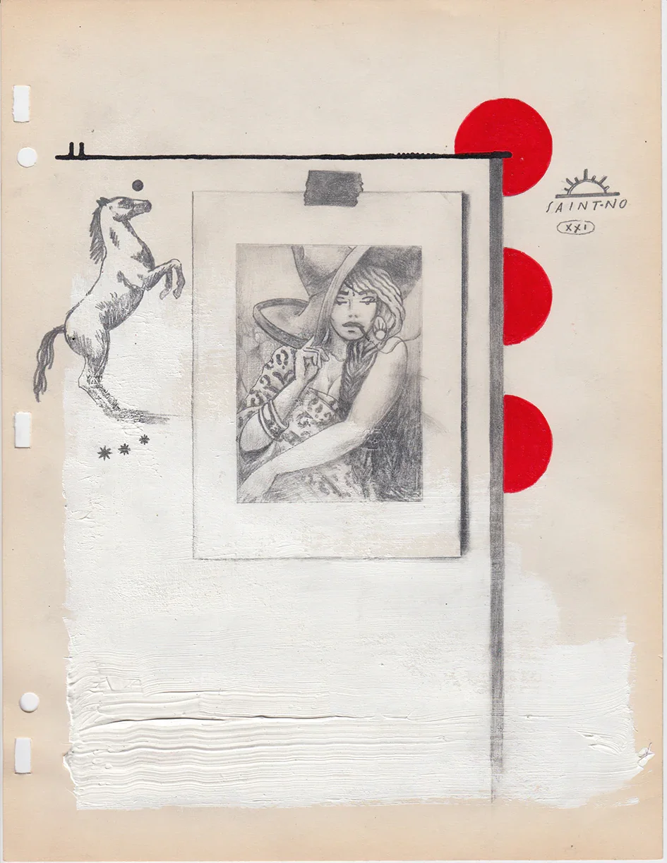 "XXX"  8.5x11" acrylic, gesso, pencil on found paper $1500 framed