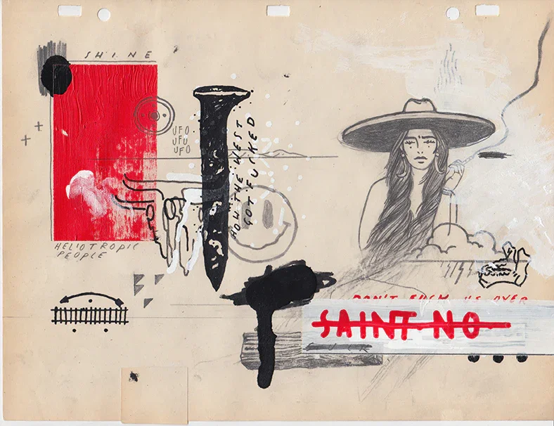 "Heliotropic People" 11x8.5" acrylic, gesso, pencil on found paper $1500 framed