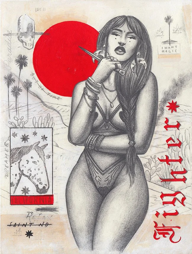 "Fighter" 9x12” acrylic, gesso, spray paint, pencil, and enamel on paper (“13.25x16.25” framed)  $1700