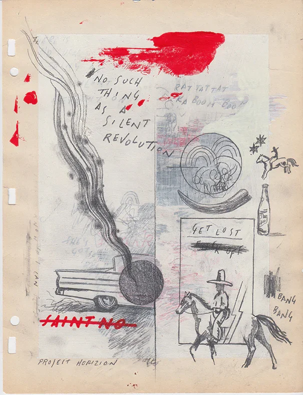 "Silent Revolution" 8.5x11" acrylic, gesso, pencil on found paper $1500 framed