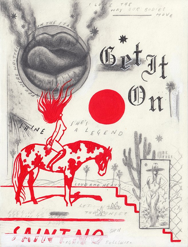 "Get It On" 9x12” acrylic, gesso, spray paint, pencil, and enamel on paper (“13.25x16.25” framed)  $1700