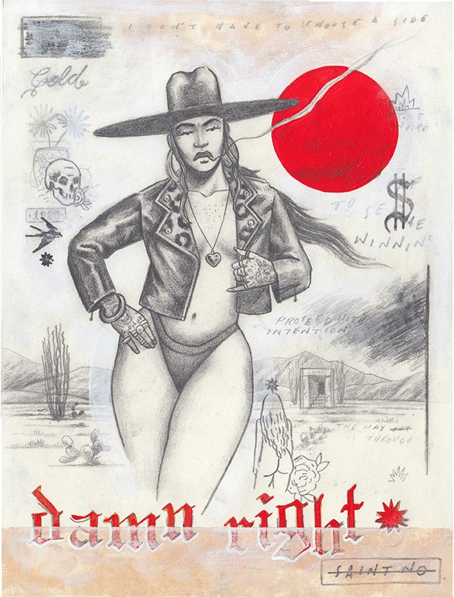 "Damn Right" 9x12” acrylic, gesso, spray paint, pencil, and enamel on paper (“13.25x16.25” framed)  $1700