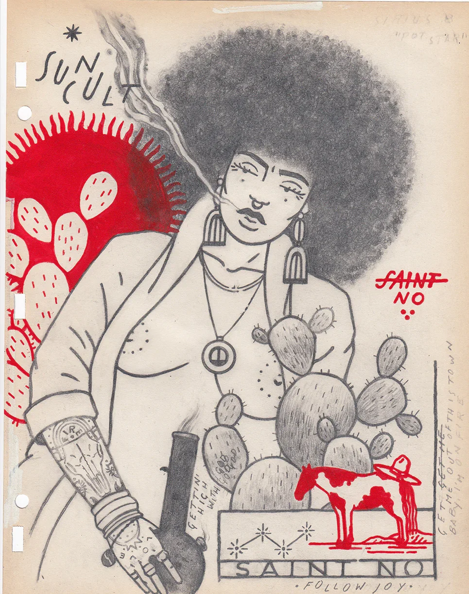 "Sun Cult" 8.5x11" acrylic, gesso, pencil on found paper $1500 framed