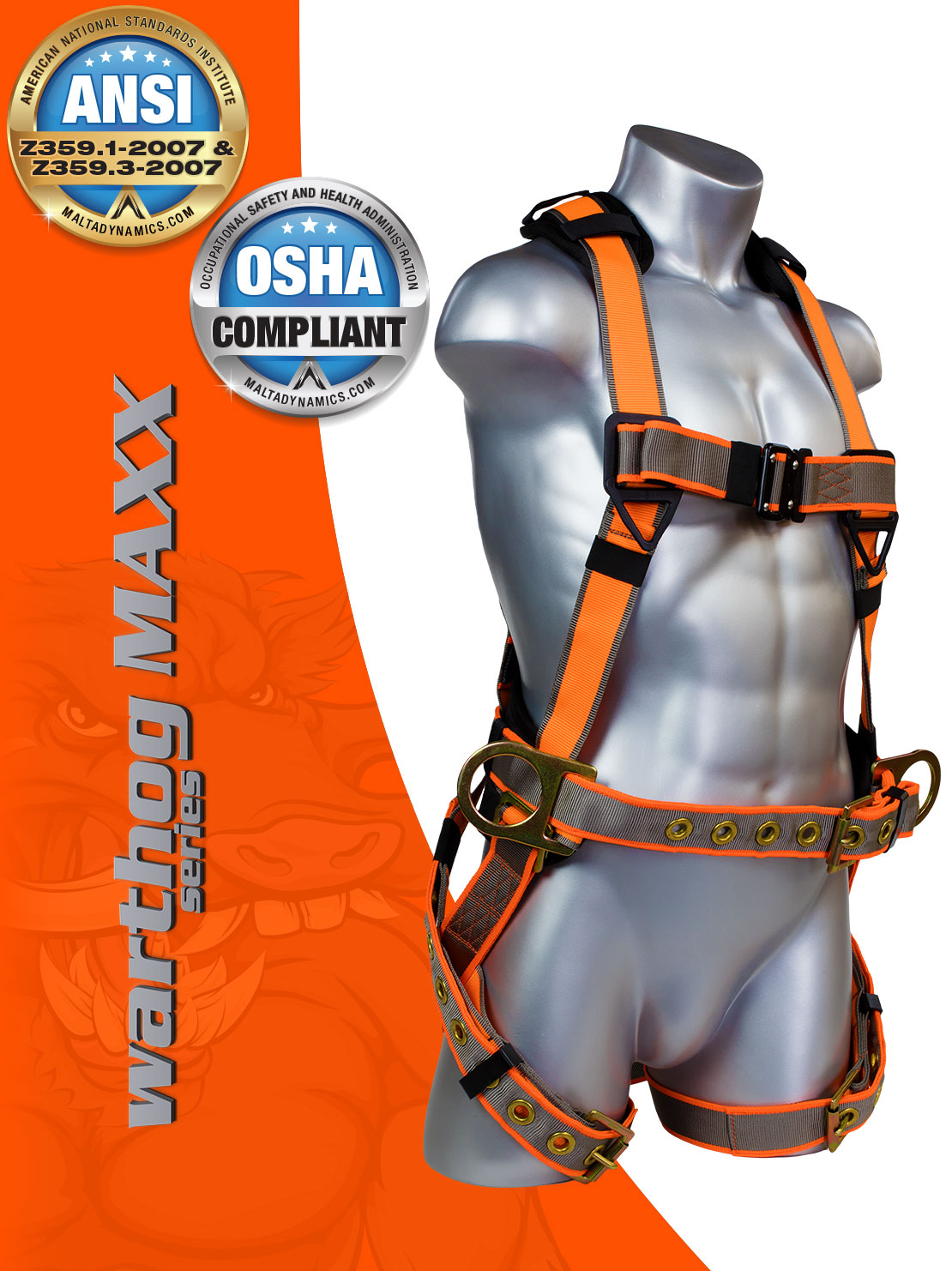 Warthog Maxx Construction Full Body Harness With Tongue Buckle Legs, Side D- Rings, and Belt SML — Spec Rents, LLC