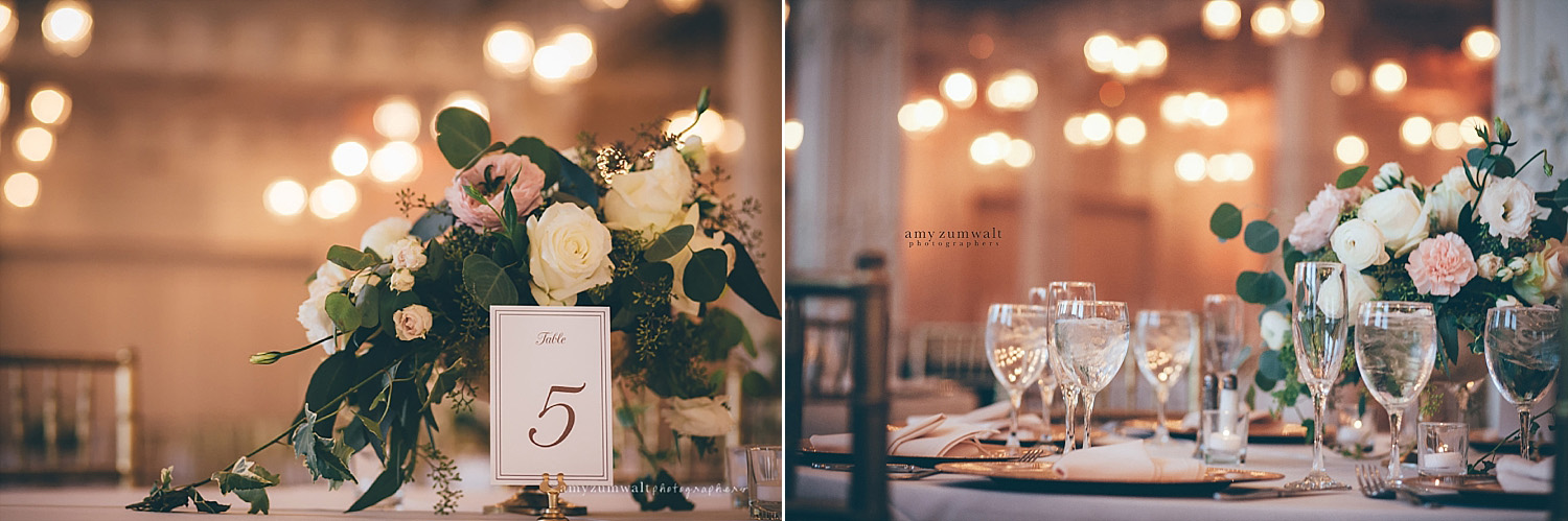 Dallas Scottish Rite Library and Museum wedding crystal ballroom white and blush flowers and table number