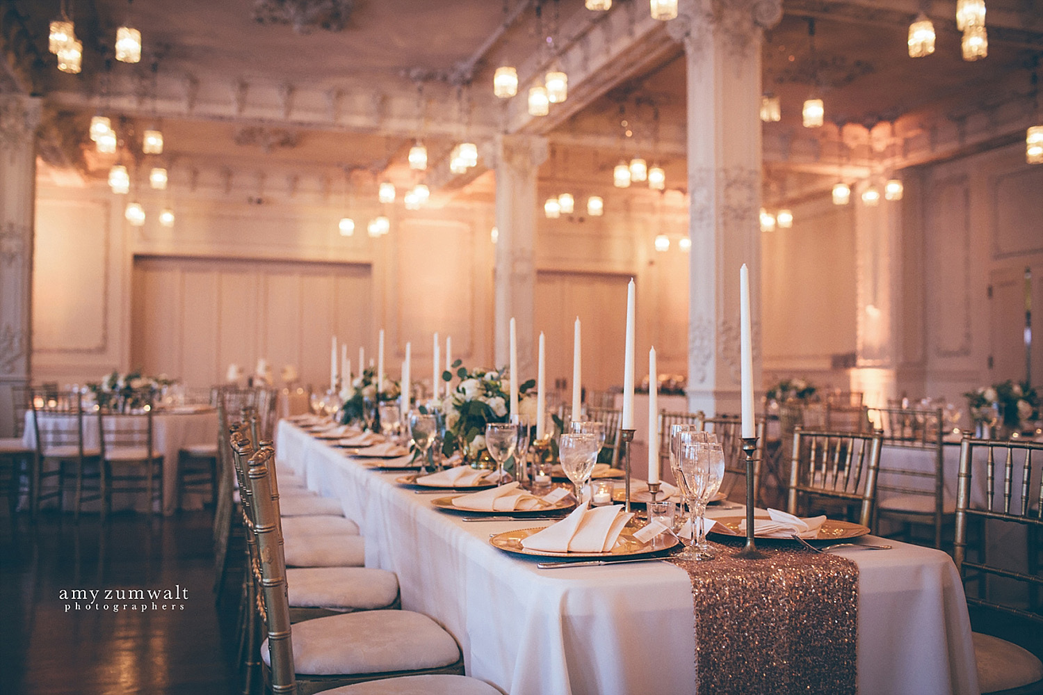 Dallas Scottish Rite Library and Museum wedding crystal ballroom head table with sequin linen and tapered candles