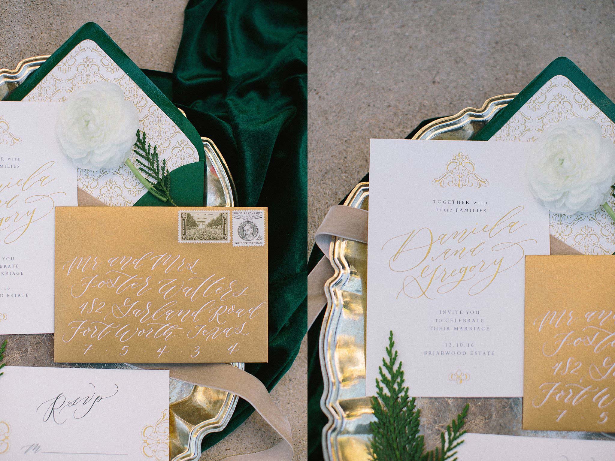 aristide mansfield wedding green and gold invitations with gold monogram