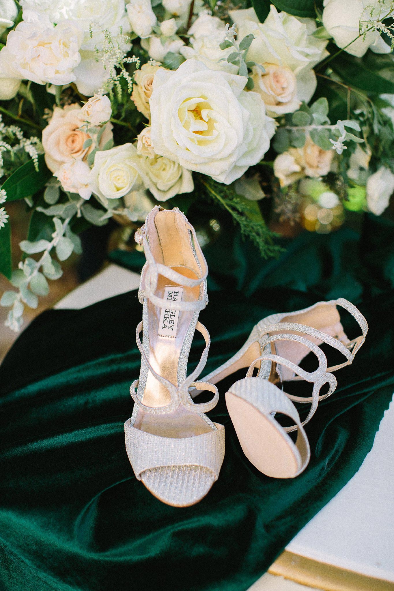 aristide mansfield wedding shoes on velvet green fabric