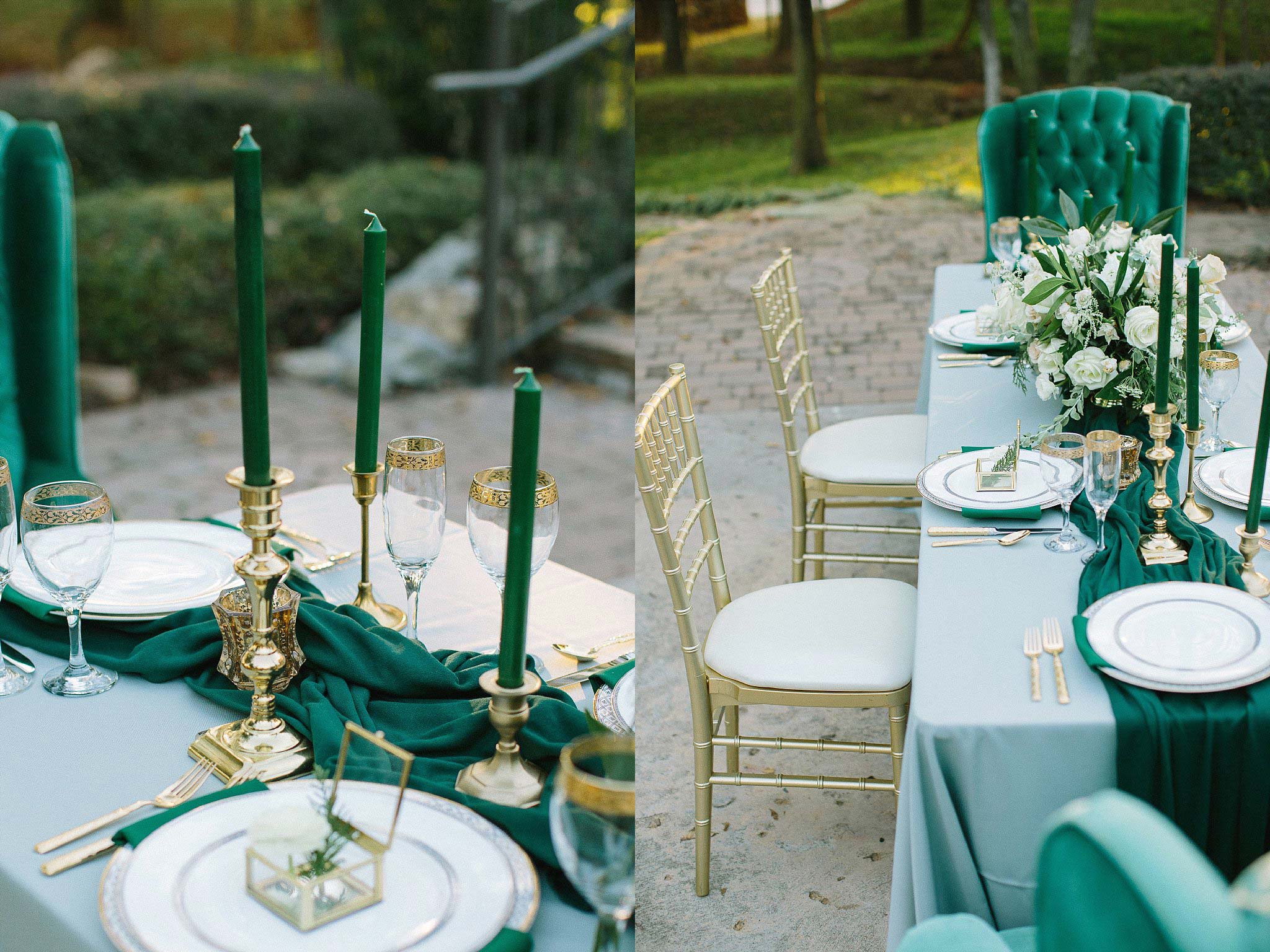 aristide mansfield wedding grey reception table with green tapered candles