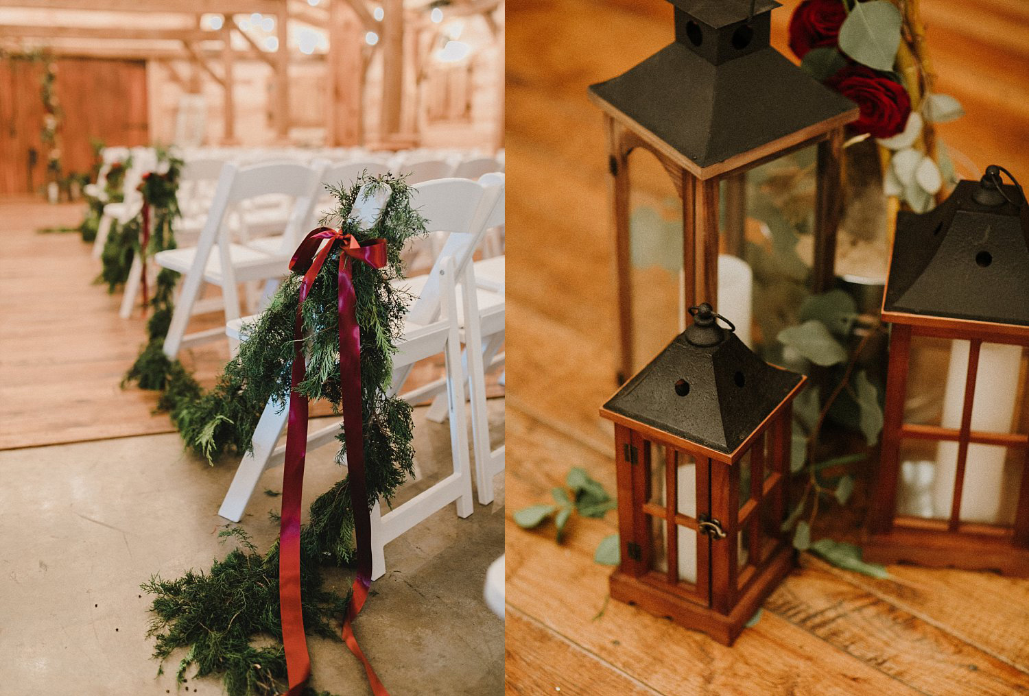 Hollow Hill Farm Event Center Wedding evergreen garland and wooden lanterns