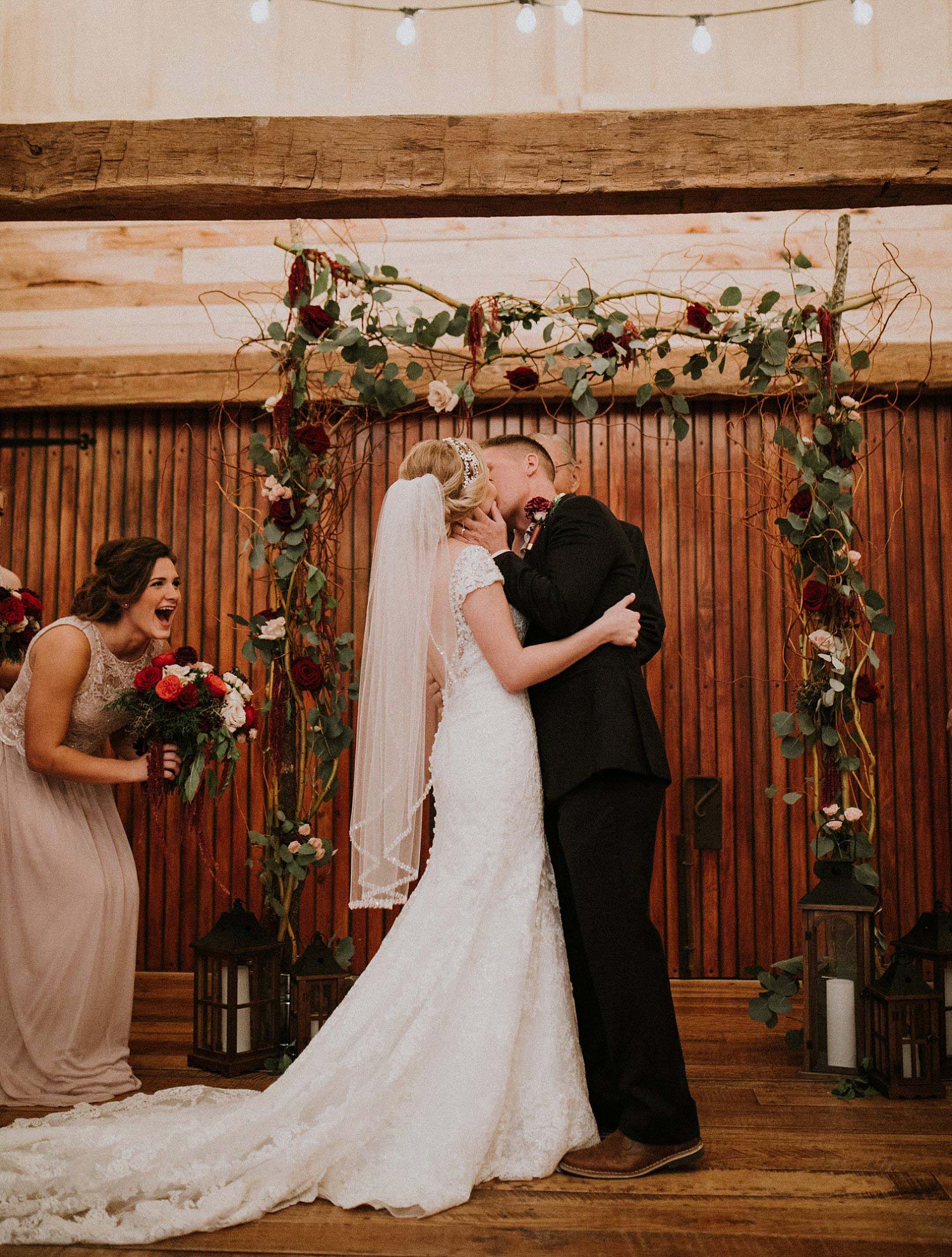 Hollow Hill Farm Event Center Wedding bride and groom first kiss