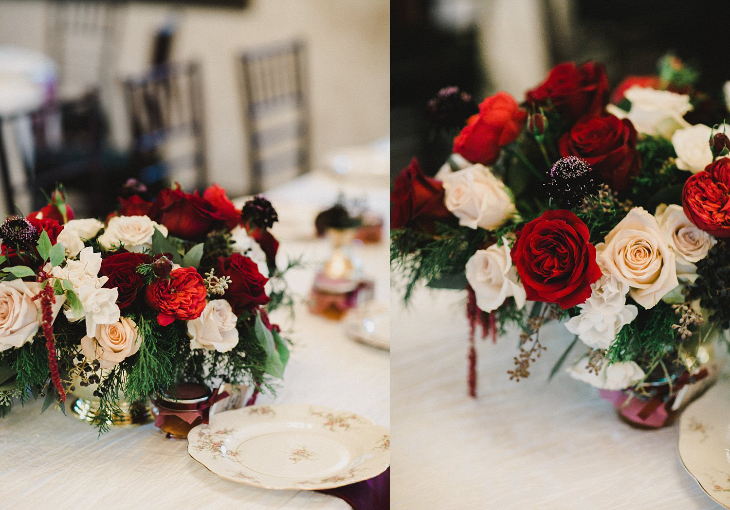 Hollow Hill Farm Event Center Wedding floral centerpiece with red, burgundy and cream roses