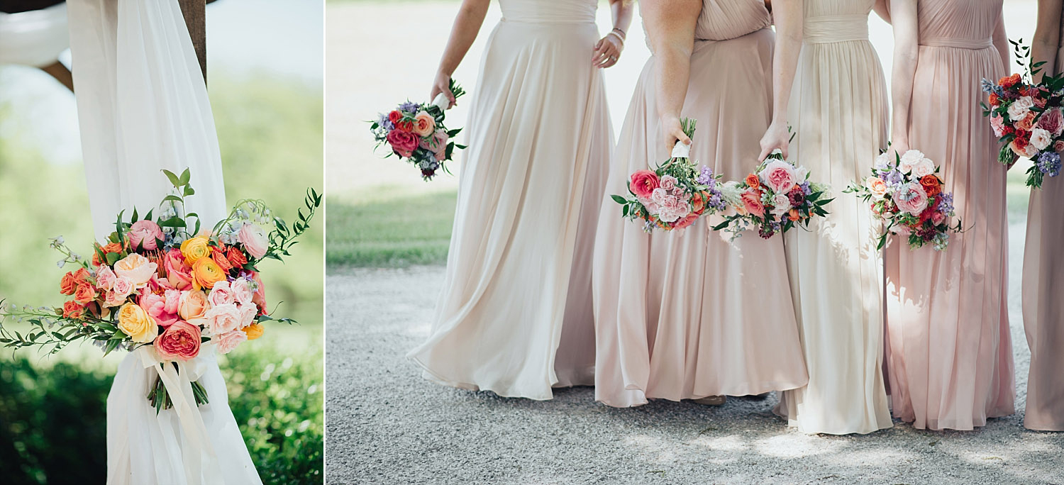 The Orchard Azle wedding bridesmaids with blush dresses and colorful bouquets