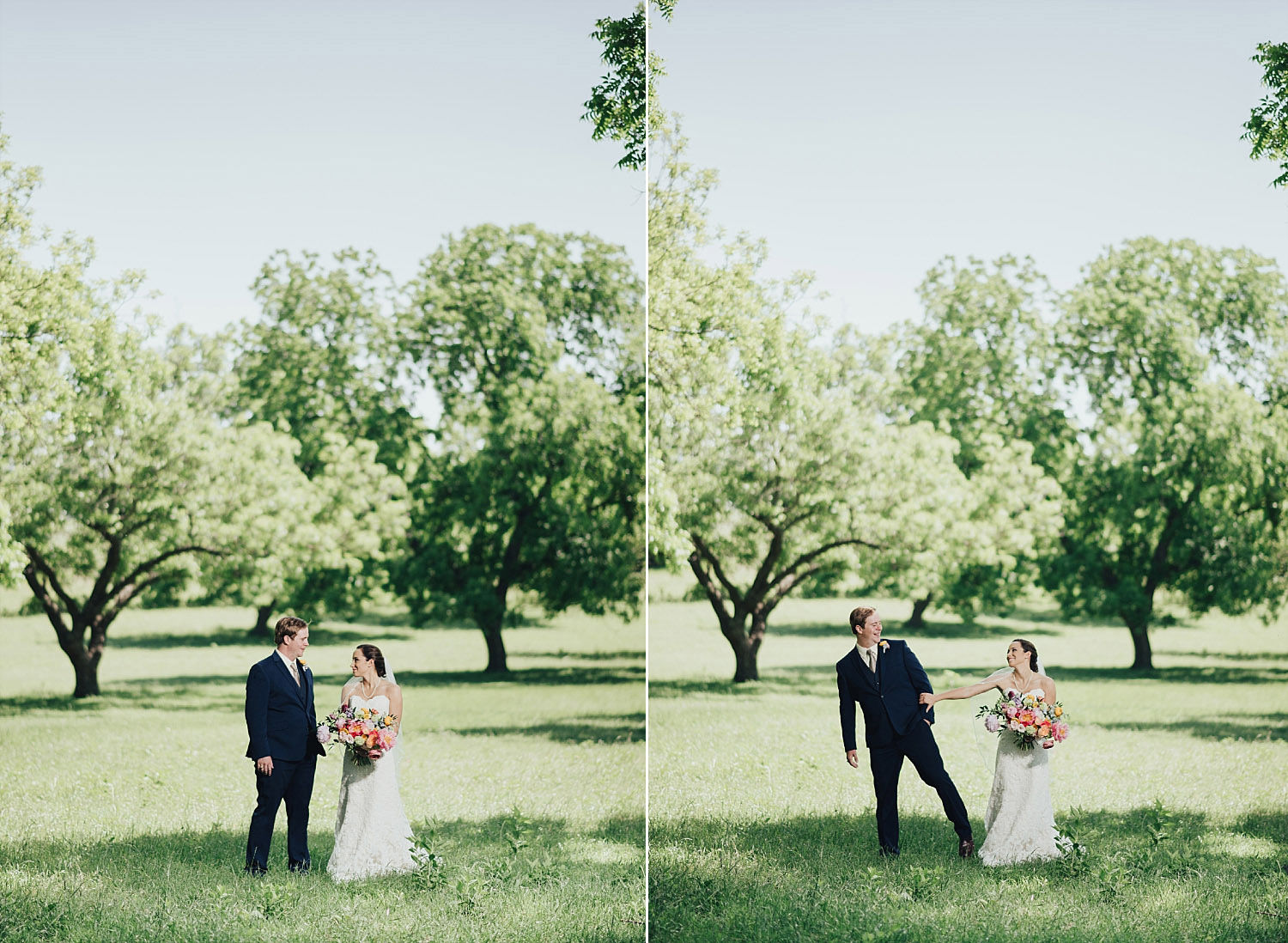 The Orchard Azle wedding bride and groom outdoors in grass